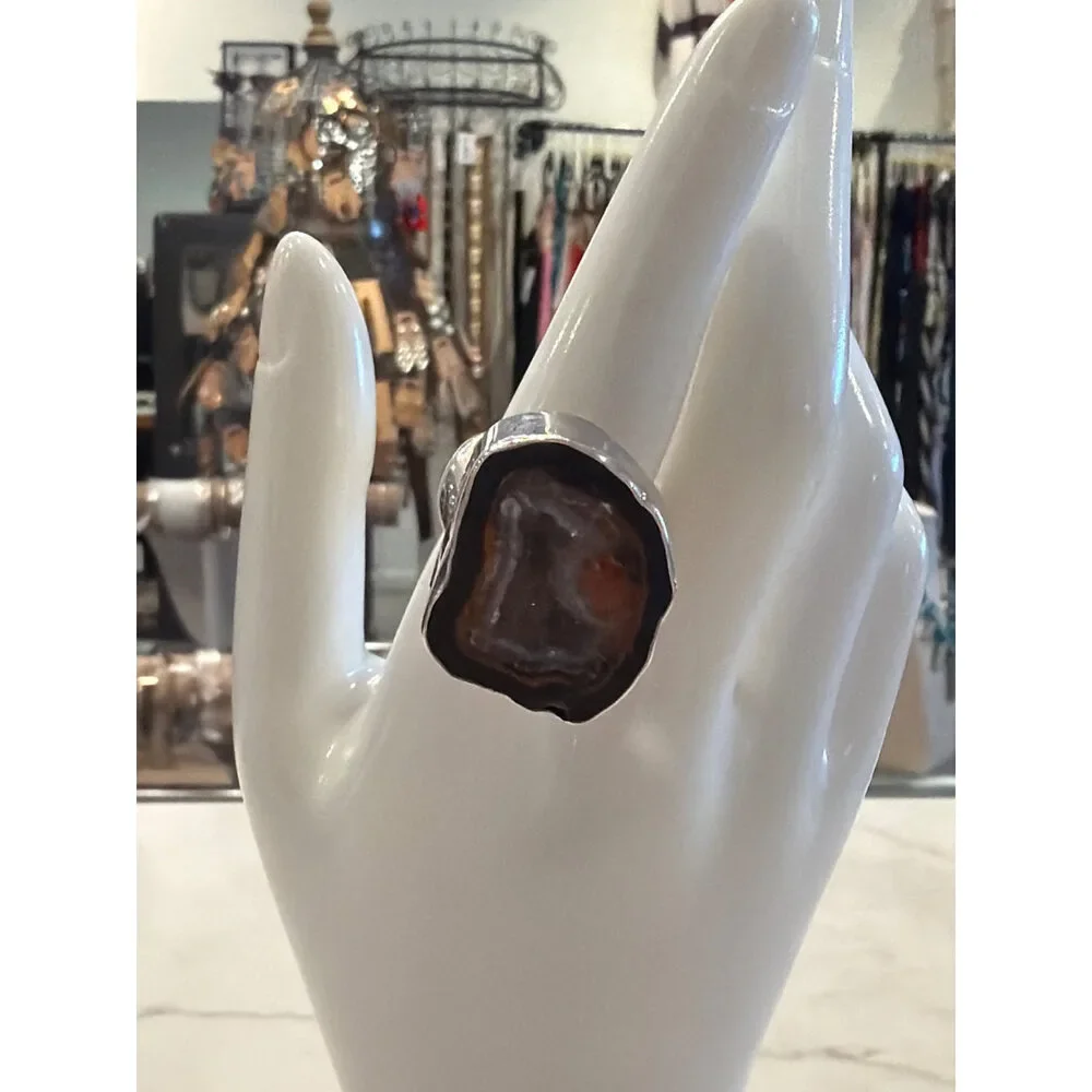 Charles Albert Sterling Silver Agate Slice Statement Ring Size 7.5/8